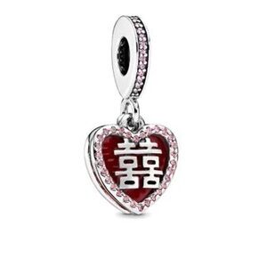 Pandora Chinese Double Happiness Red Enamel Hearts Pink CZ Dangle Bead Charm